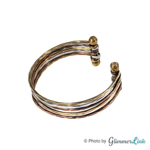 Tri Color 7 Band Hammered Metal Cuff Bracelet - Picture 5 of 8